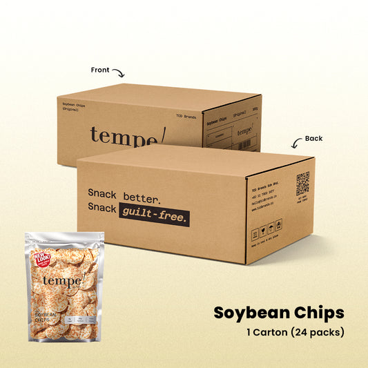 Cardboard box packaging of Tempe! soybean chips with a small packet of soybean chips on a beige background.